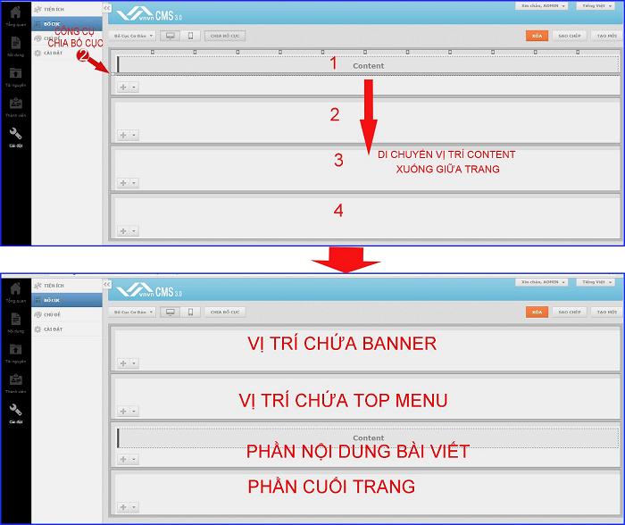 Hổ trợ quản trị thiết kế website vnvn cms 3.0 chia bố cục cơ bản