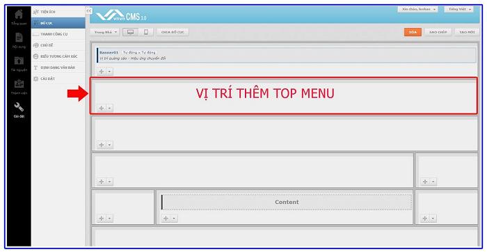 Hổ trợ quản trị thiết kế website vnvn cms 3.0 tạo top menu