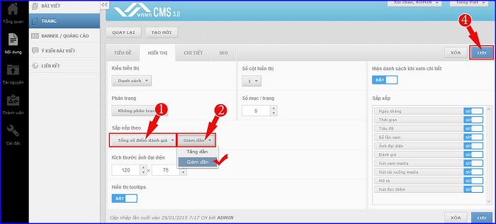 Hỗ trợ quản trị thiết kế website vnvn cms 3.0 sắp xếp theo số điểm đánh giá